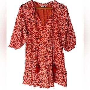 Karina Grimaldi Red Pink Black Floral Print Puff Sleeve Tunic Dress Small